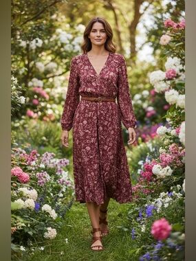 Knox Rose Burgundy Floral V-Neck Long Sleeve Midi Dress